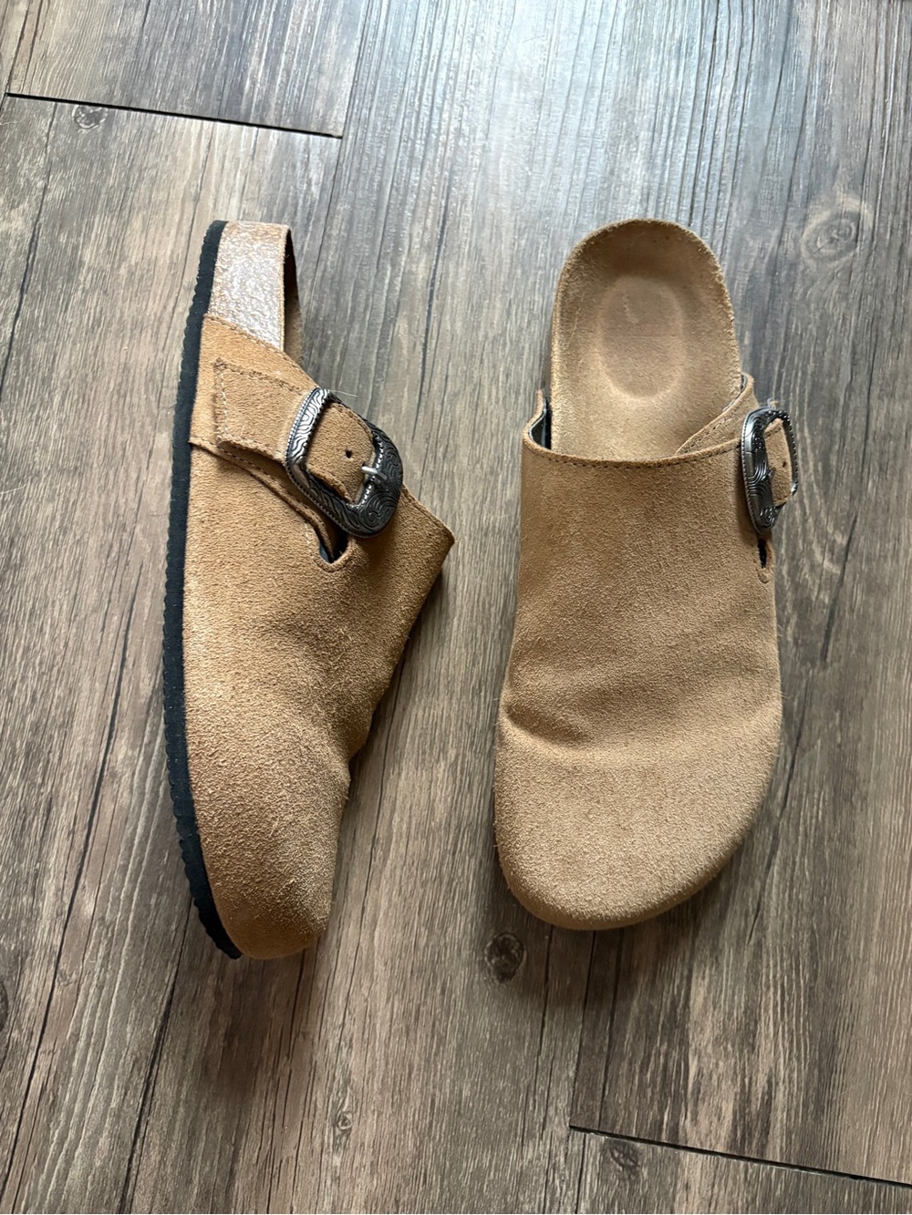 Zara Suede Slip-On Mules in Tan with Western Buckle